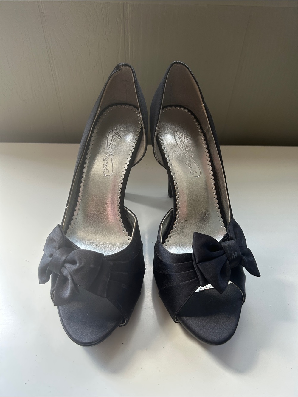 Black Satin Peep-Toe Heels with Bow